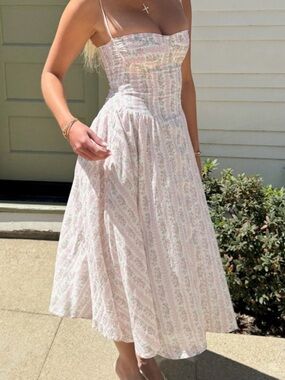 Pastel Pink Floral Midi Dress with Spaghetti Straps